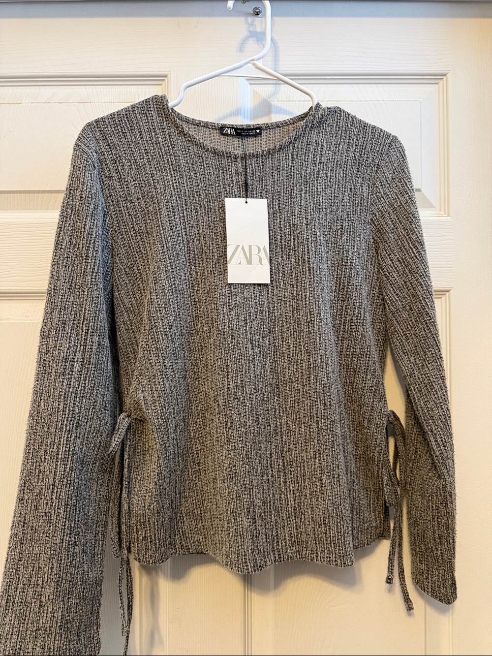 Zara Gray Ribbed Knit Sweater with Side Ties